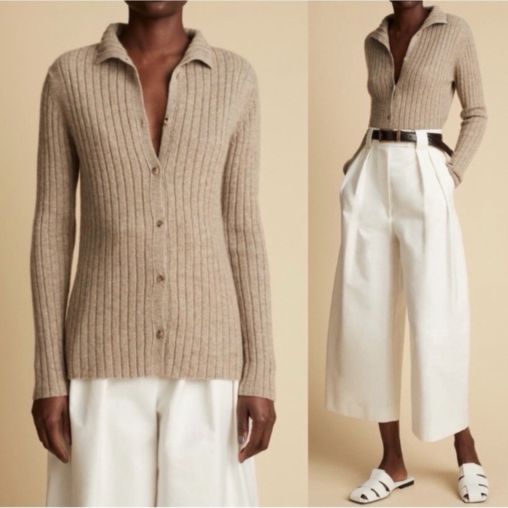 Khaite‎ Rare Juni 100% Cashmere Cardigan Sweater Medium Oatmeal Lightweight Lux